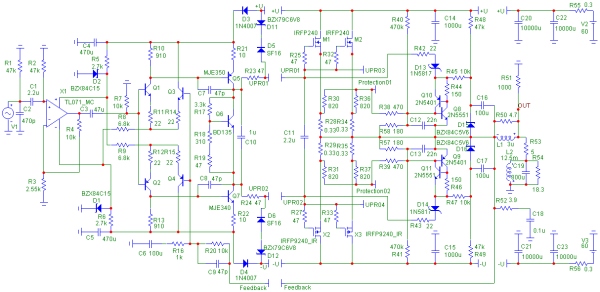 Принципиальная схема усилителя мощности ЛАНАЗАР с полевыми транзисторами в оконечном каскаде